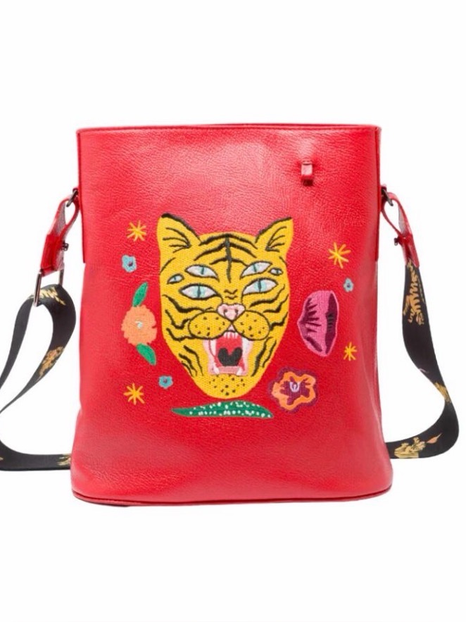 Min & Mon Red Embroidered Tiger Crossbody Bag. Price Is Firm And Fair